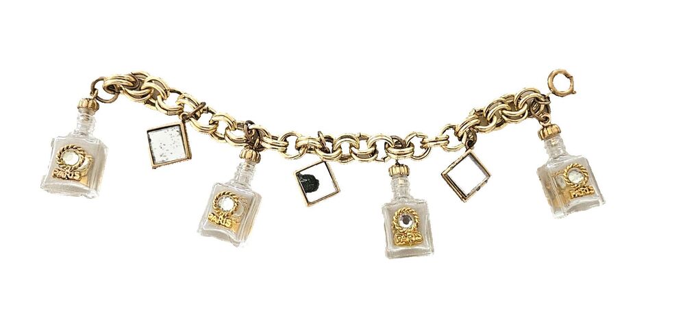 Vintage 1970s Paris Perfume Bottle Charm Bracelet Lucite Mirror Charms Gold Tone